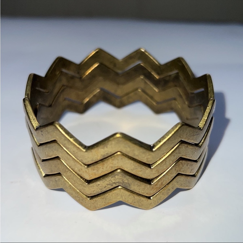 Four Solid Brass Zigzag Bracelet Cuff Chevron Vintage Boho Bangles